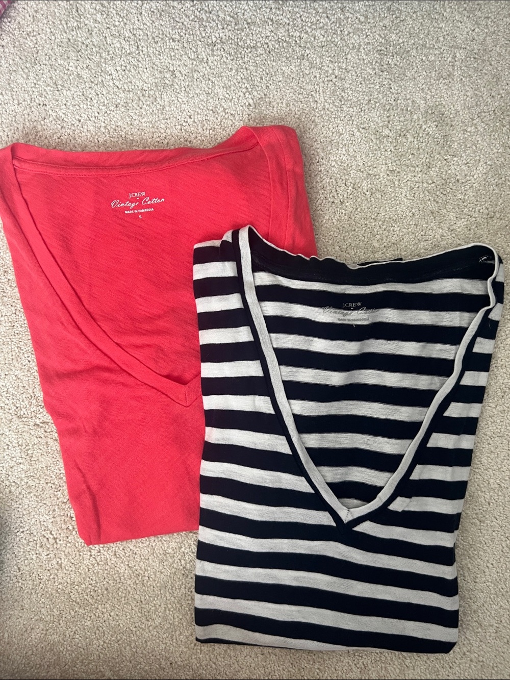 J. Crew Coral V-Neck Tee & Navy & White Striped V-Neck Shirt Set